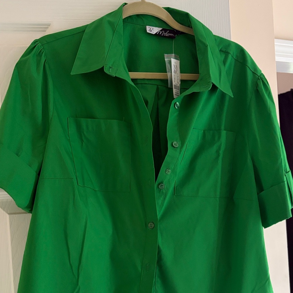 Ny&C Madison shirt Bright Green Button-Up Short Sleeve Blouse